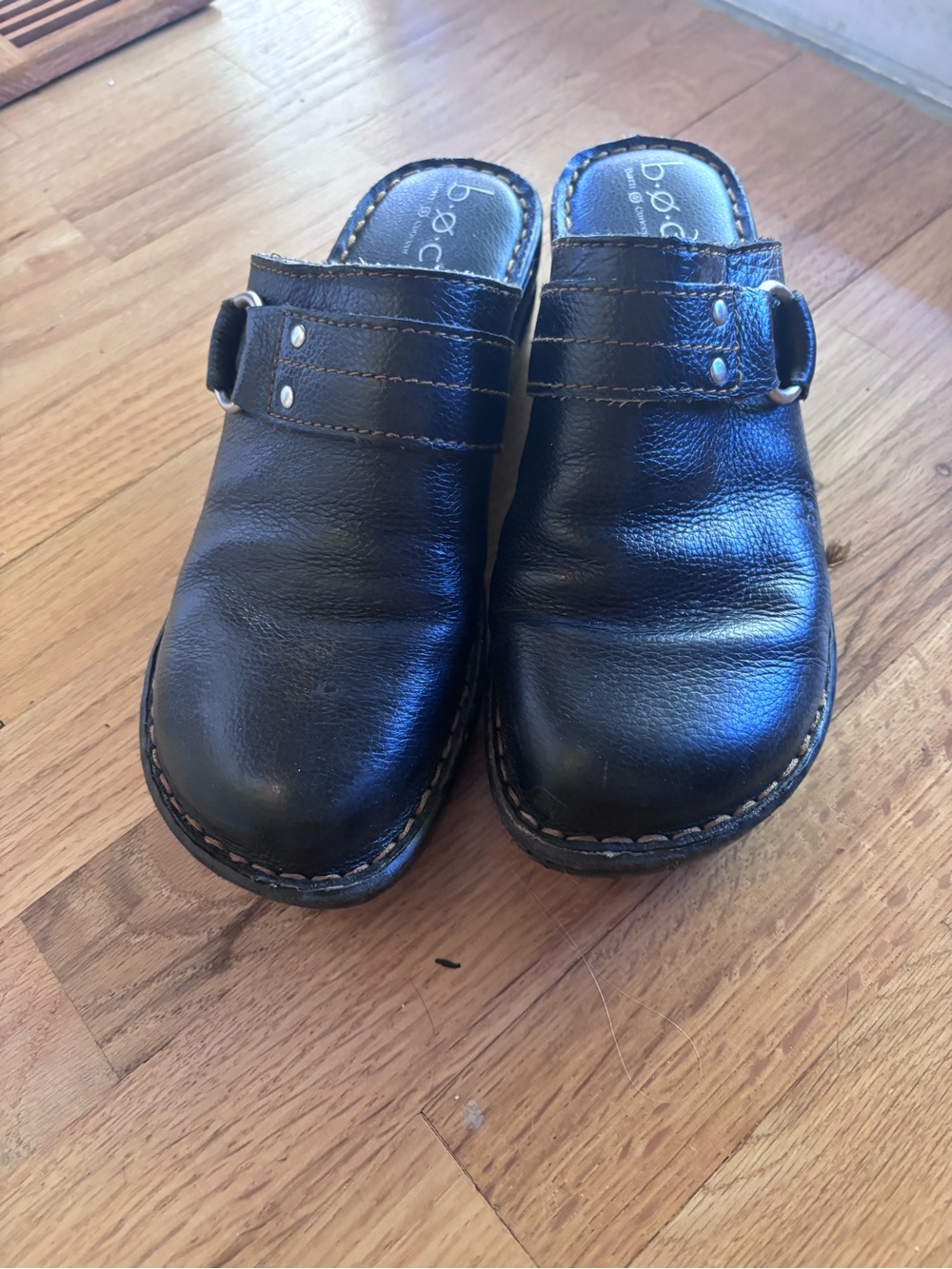 boc Black Leather Slip-On Clog Mules with Buckle Strap